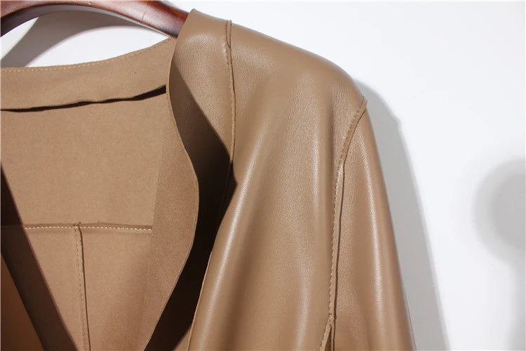 European Fashion Women Clothing Female Real Leather Jacket Mujer Draw Back Round Neck Pleated Belt Caramel Coat Veste Femme