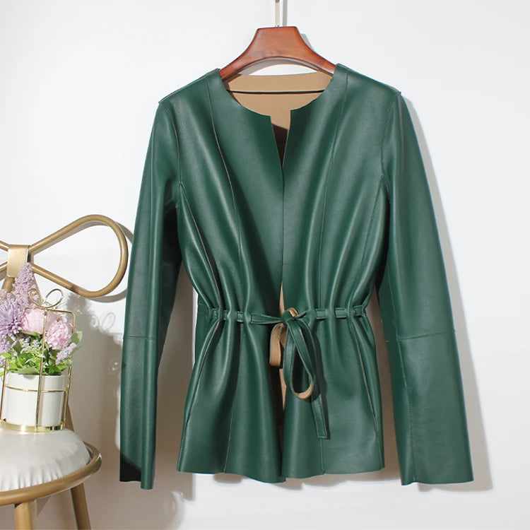 European Fashion Women Clothing Female Real Leather Jacket Mujer Draw Back Round Neck Pleated Belt Caramel Coat Veste Femme