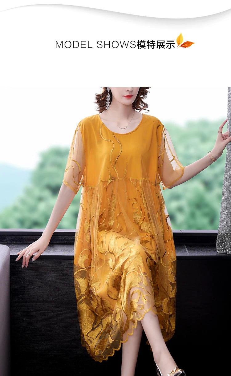 High Street Natural Silk Floral Embroidery Midi Dress Summer Casual Vintage Loose Beach Dress 2024 Women Elegant Party Vestidos
