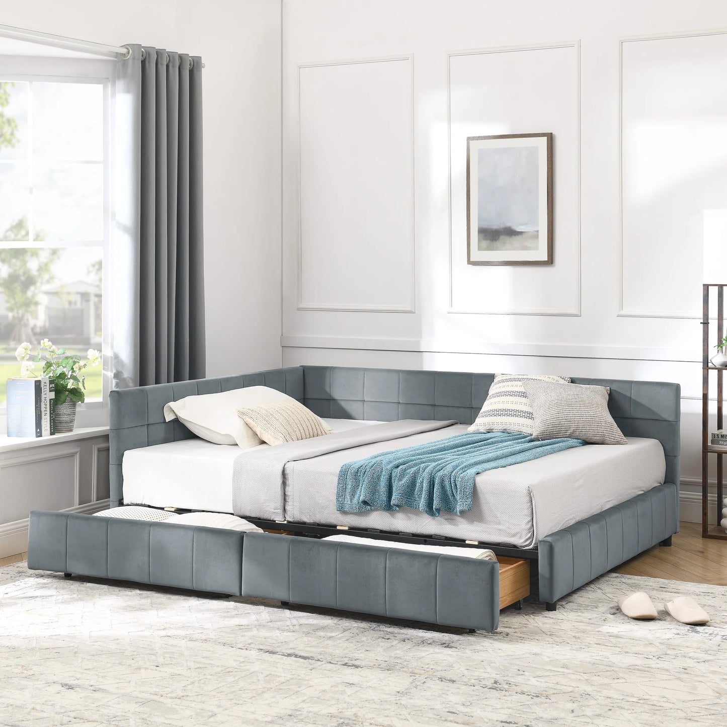 Full Size Convertible Storage Upholstered Tufted Bed Frame Sofa Set with Comfortable Backrest Armrests for Bedroom Living Room