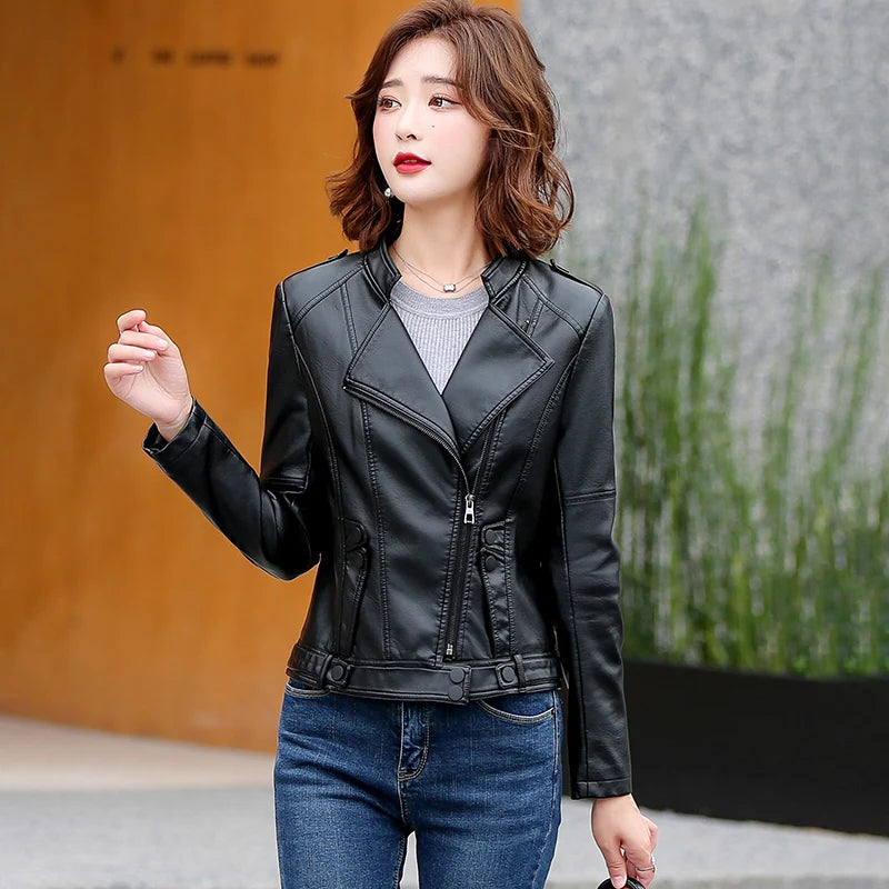 M-5XL New Women Leather Jacket Spring 2025 Fashion Solid Color Slim Short Sheepskin Coat Moto&Biker Style Tops Outerwear Female