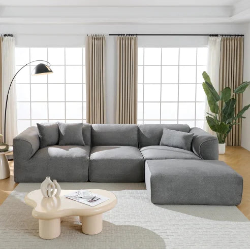 Luxury Living Room L-Shaped Modern Convertible Sofa Set 4-Seater Pure Sponge Seat Cushions Detachable Footstool for Hotel Bed