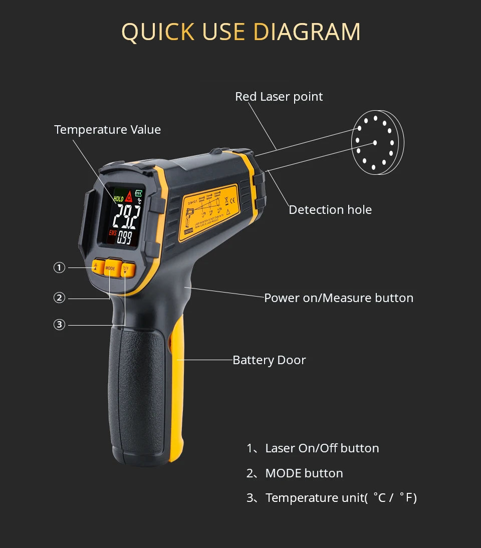 Digital Infrared Thermometer Laser Temperature Meter Non-contact Pyrometer Imager Hygrometer IR Termometro Color LCD Light Alarm