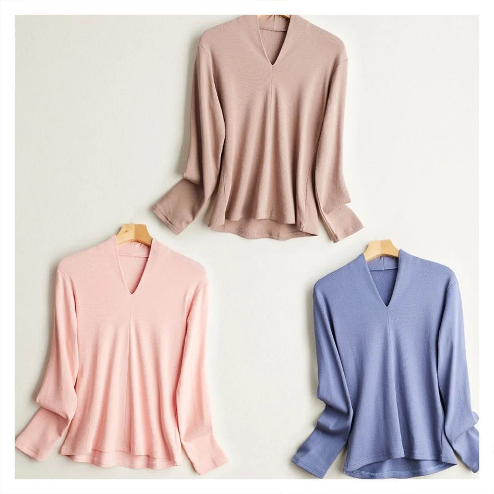 Silk Long Sleeve T-Shirt Elastic Slim Fit V-neck Pullover Thread Solid Color Mulberry Silk Brushed Women's Bottoming Shirt