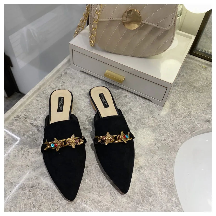 New Women Slippers Pointed Toe Rubber Metal Chains Flat Slide Footwear Fashion Casual Mule Shoes Big Size 41 42 Zapatos De Mujer