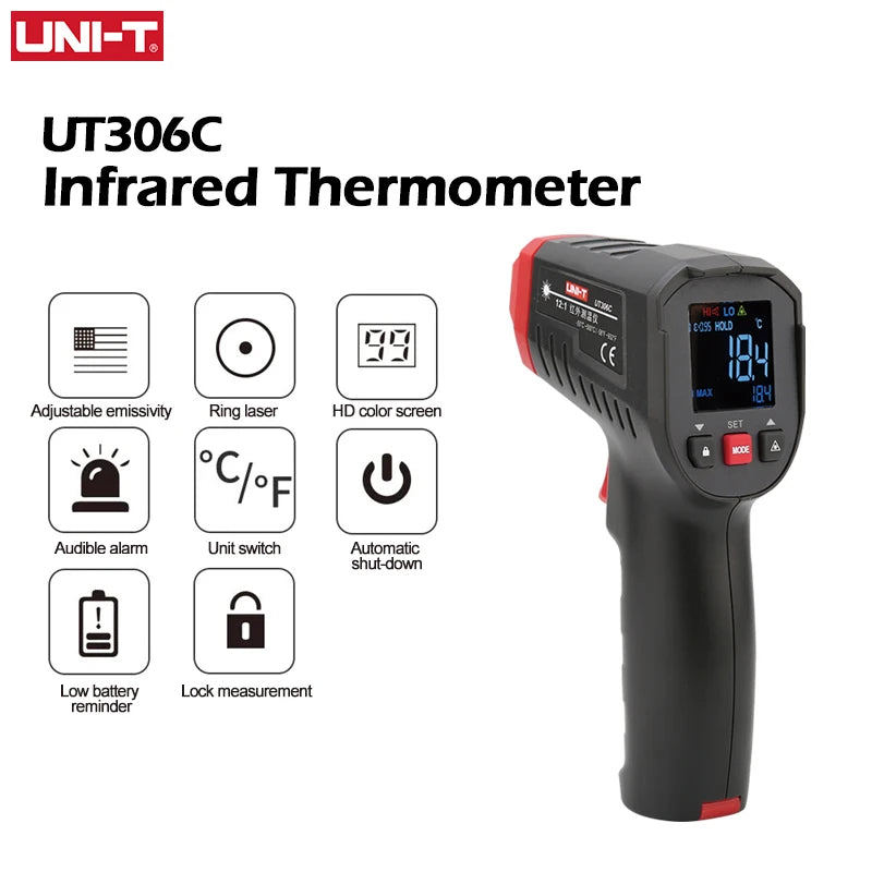 UNI-T UT306S UT306C Digital Infrared Thermometer Non-contact Laser Thermometer Gun Temperature Tester -50-500