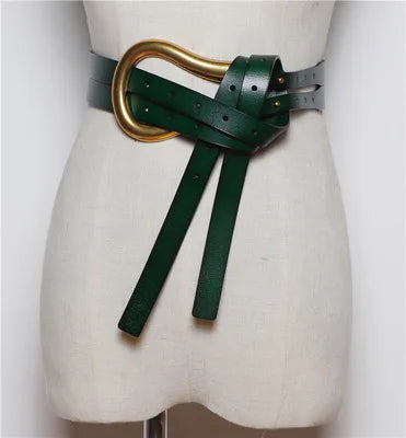 NEW Genuine Leather double Belts Luxury Metal U Buckle belt women girls retro vintage large belt for coat jeans black white