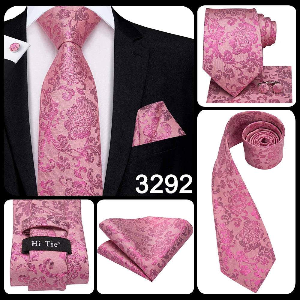 Hi-Tie Silk Men Tie Peach Pink Floral Wedding Necktie for Men Luxury Necktie Handkerchief Cufflink Fashion Design Business