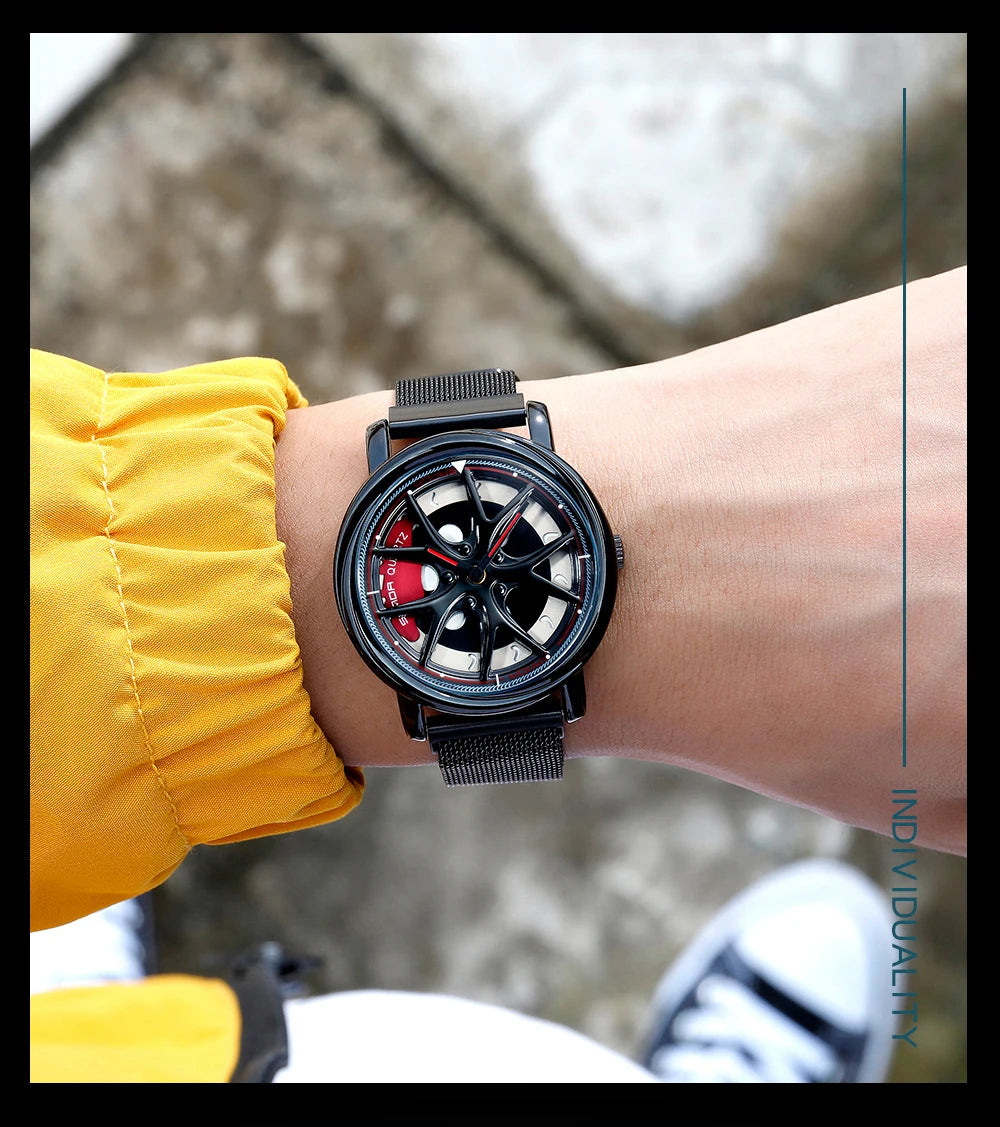 Men Watch Car Wheel Rim Hub Dial Male Wristwatch Skeleton Man Black Waterproof Watches Stainless Steel Quartz Relogio Masculino