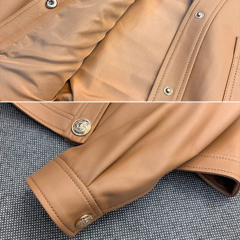 Mujer Roupas Autumn/Winter Female Genuine Leather V-Neck Big Gold Buckle Casual Pocket Short Coat Camel/Black Chic Jacket Women