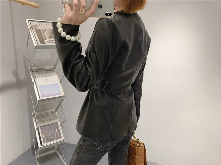 European Fashion Women Clothing Female Real Leather Jacket Mujer Draw Back Round Neck Pleated Belt Caramel Coat Veste Femme