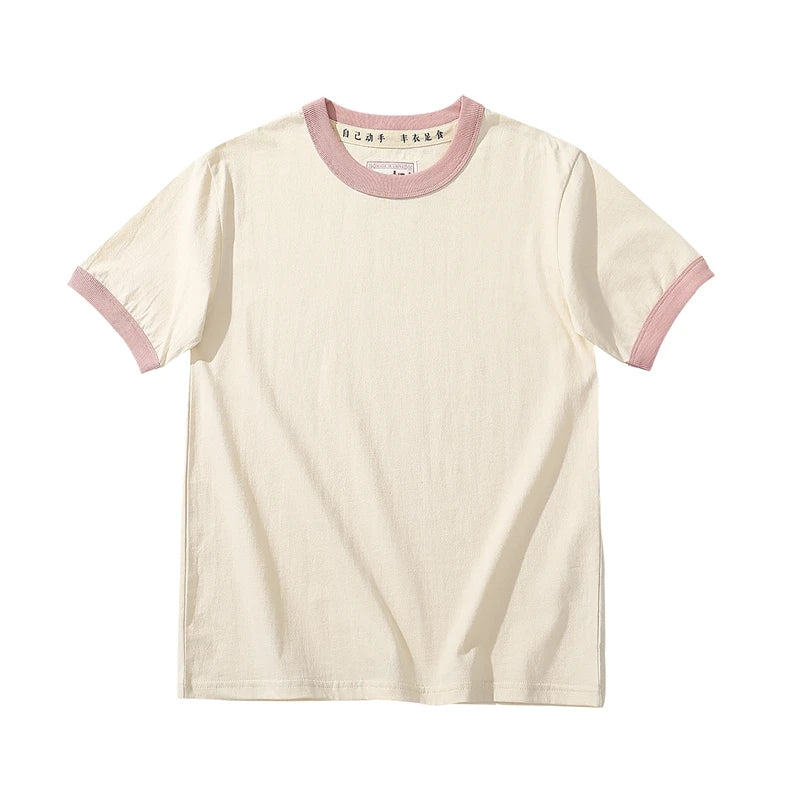 Summer New Couple Beach Tops  Fashion Casual Stitching Color Collar Tee Short Sleeve of Unisex Cotton Comfortable O-Neck T-shirt