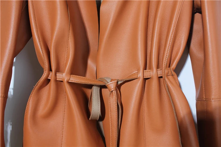European Fashion Women Clothing Female Real Leather Jacket Mujer Draw Back Round Neck Pleated Belt Caramel Coat Veste Femme
