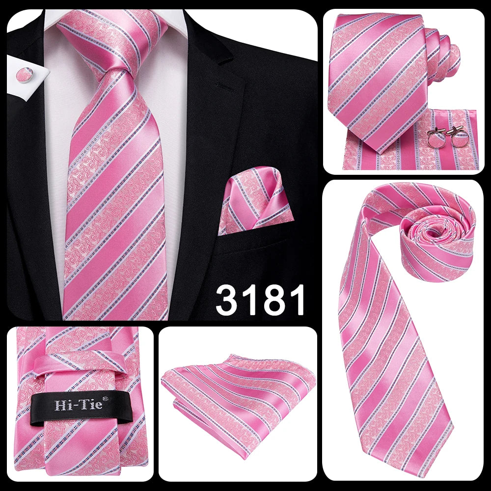 Hi-Tie Silk Men Tie Peach Pink Floral Wedding Necktie for Men Luxury Necktie Handkerchief Cufflink Fashion Design Business
