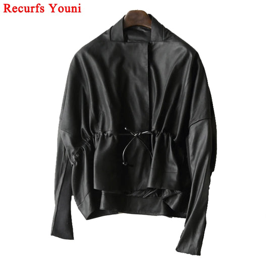 Women's Clothing Great Texture Women Loose Casual Genuine Leather Jacket Female Imported Frosted Sheepskin Drawstring Waist Coat