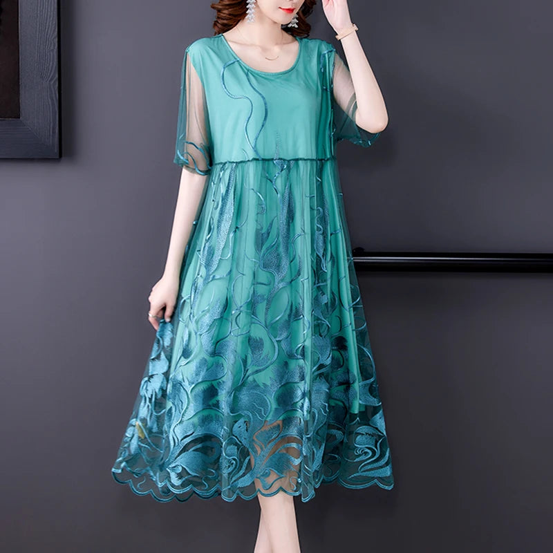 High Street Natural Silk Floral Embroidery Midi Dress Summer Casual Vintage Loose Beach Dress 2024 Women Elegant Party Vestidos