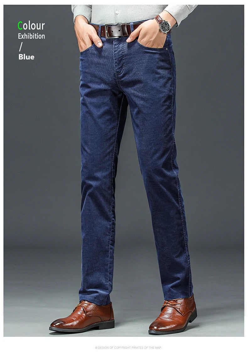 Spring Autumn New Men Pants Corduroy Fabric Comfortable Soft Casual Business Office Male Trousers Khaki Apricot Black Blue