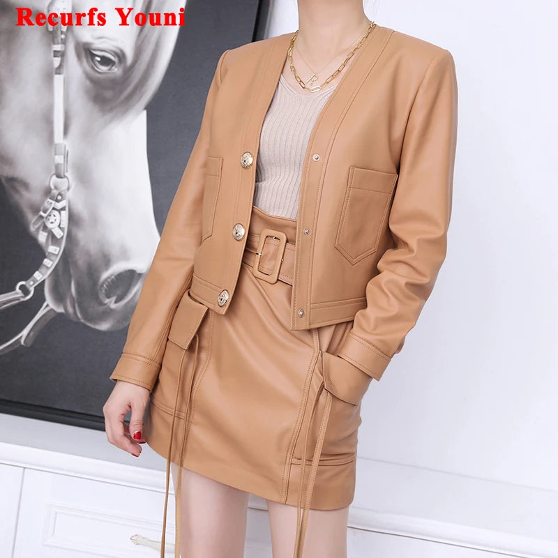 Mujer Roupas Autumn/Winter Female Genuine Leather V-Neck Big Gold Buckle Casual Pocket Short Coat Camel/Black Chic Jacket Women