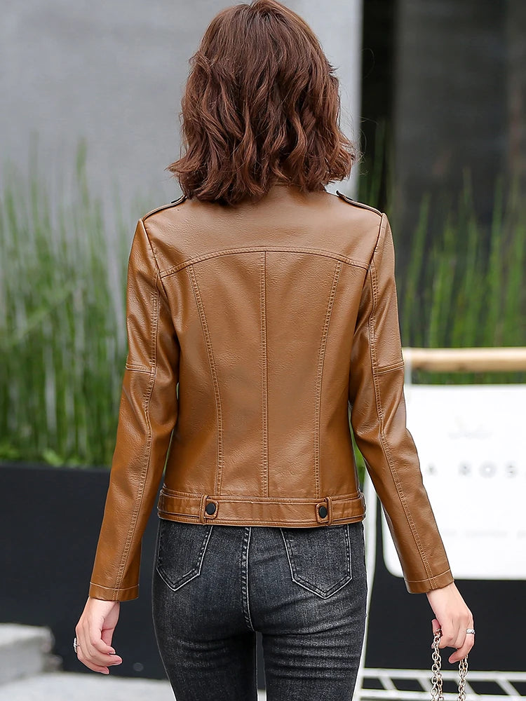 M-5XL New Women Leather Jacket Spring 2025 Fashion Solid Color Slim Short Sheepskin Coat Moto&Biker Style Tops Outerwear Female