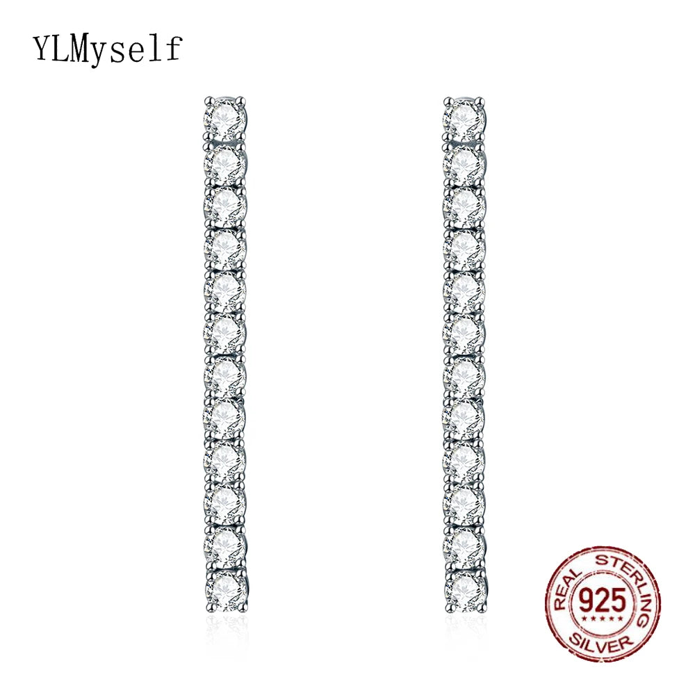 Real Sterling Silver 3mm Round Cubic Zirconia 38mm Height Dangle Design Solid 925 Metal Jewelry Tennis Earrings