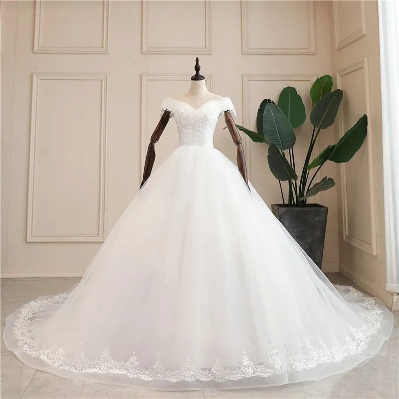 Shiny Wedding Gowns Sweet Boat Neck Wedding Party Ball Gown Off Shoulder Wedding Dresses Customized For Women