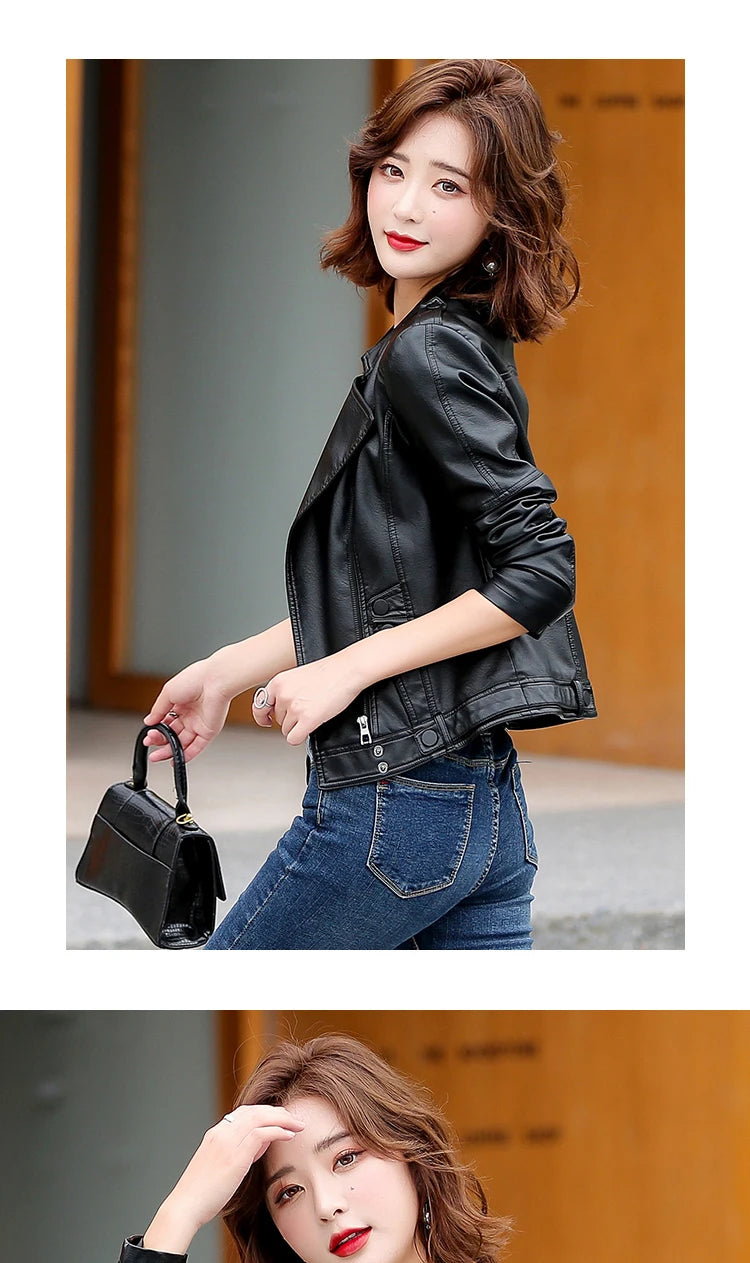 M-5XL New Women Leather Jacket Spring 2025 Fashion Solid Color Slim Short Sheepskin Coat Moto&Biker Style Tops Outerwear Female