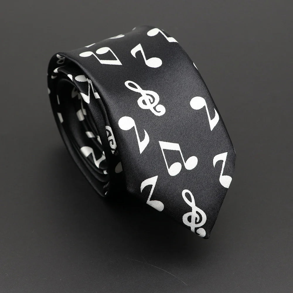 Classic Musical Notes Printed Tie Silky Narrow Neckties Slim Smooth Piano Guitar Necktie Simple Elegant Trendy Unisex Ties Gift