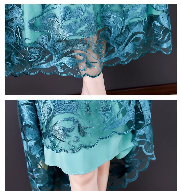 High Street Natural Silk Floral Embroidery Midi Dress Summer Casual Vintage Loose Beach Dress 2024 Women Elegant Party Vestidos