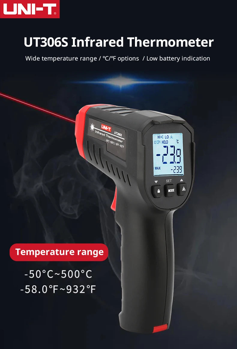 UNI-T UT306S UT306C Digital Infrared Thermometer Non-contact Laser Thermometer Gun Temperature Tester -50-500