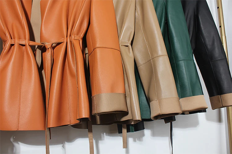 European Fashion Women Clothing Female Real Leather Jacket Mujer Draw Back Round Neck Pleated Belt Caramel Coat Veste Femme