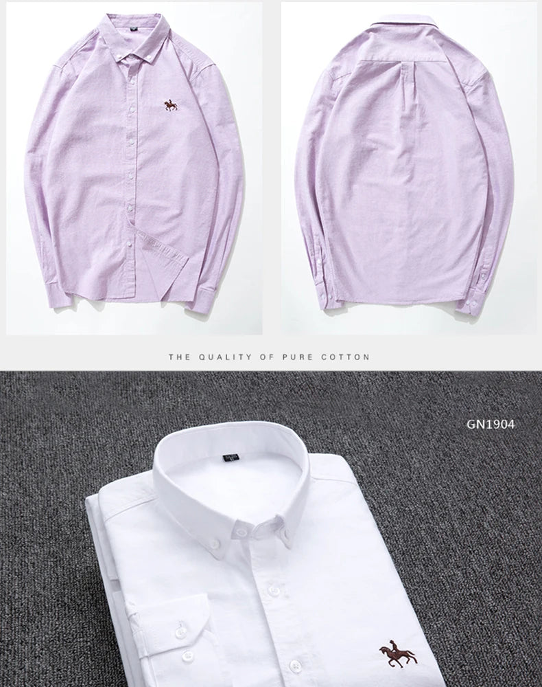 S-6XL Casual Pure Cotton Oxford Mens Shirts Long Sleeve Embroidery Horse Design Regular Fit Fashion Button Man White Dress Shirt