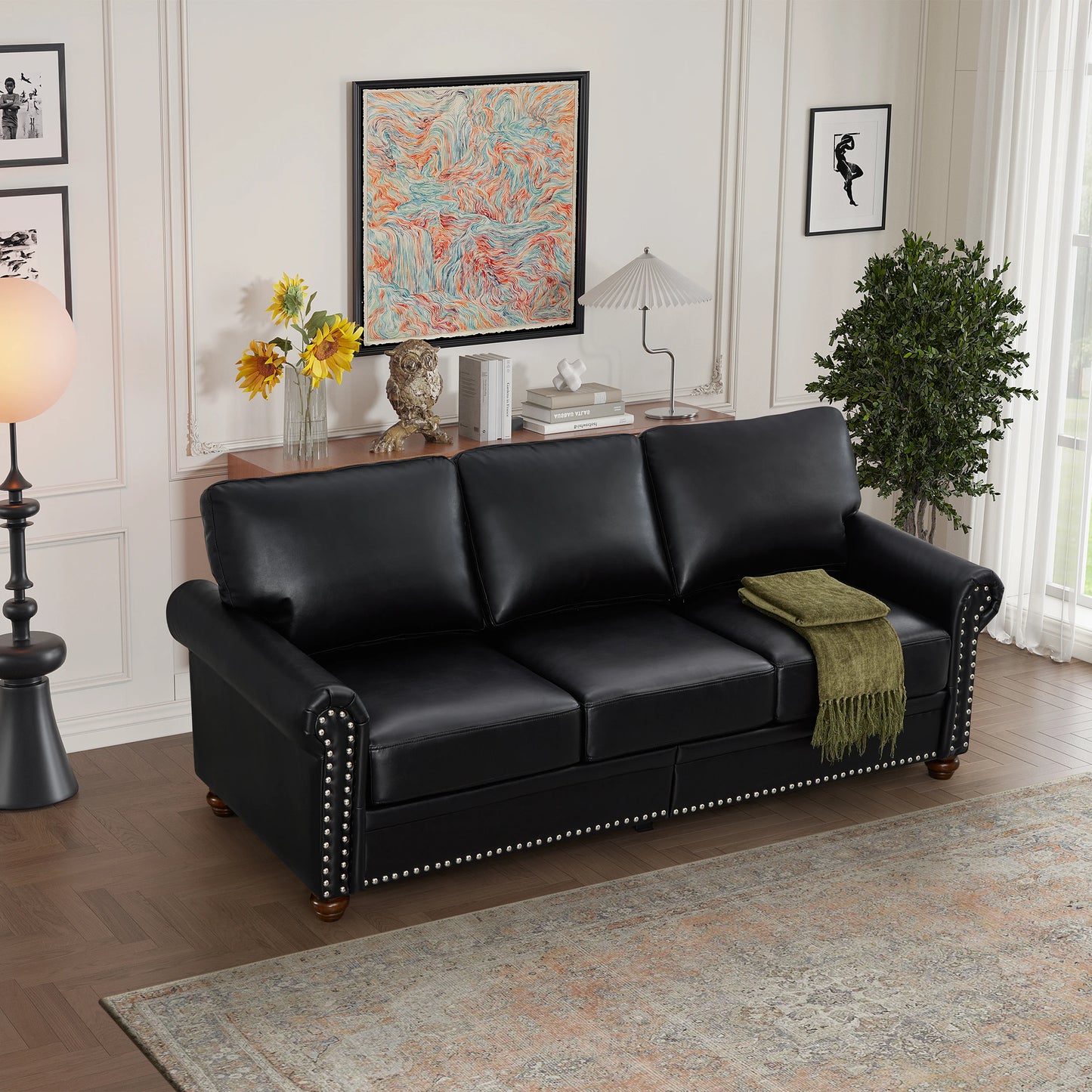 Modern Convertible Square Living Room Sofa Set Black PU Leather Apartment & Villa Use