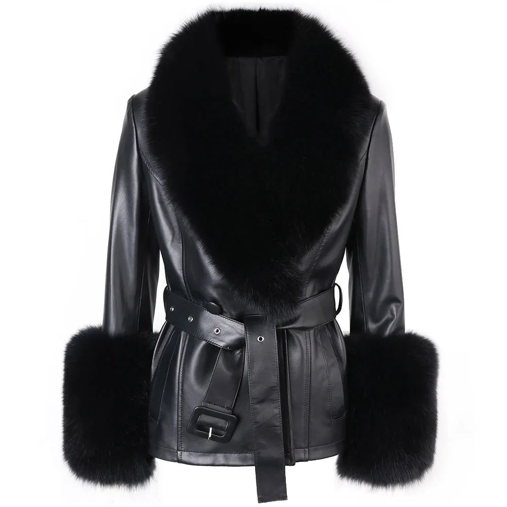 YOLOAgain Real Fox Fur Collar Genuine Leather Jacket Women