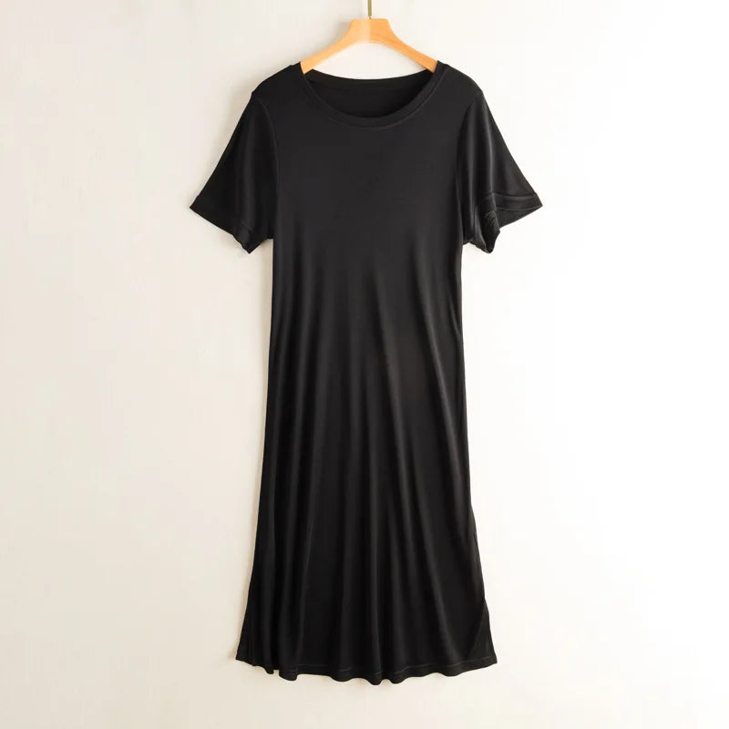 Knitted Silk Dress Solid Color Large Medium Long Mulberry Silk Short Sleeve Round Neck Bottomed Skirt