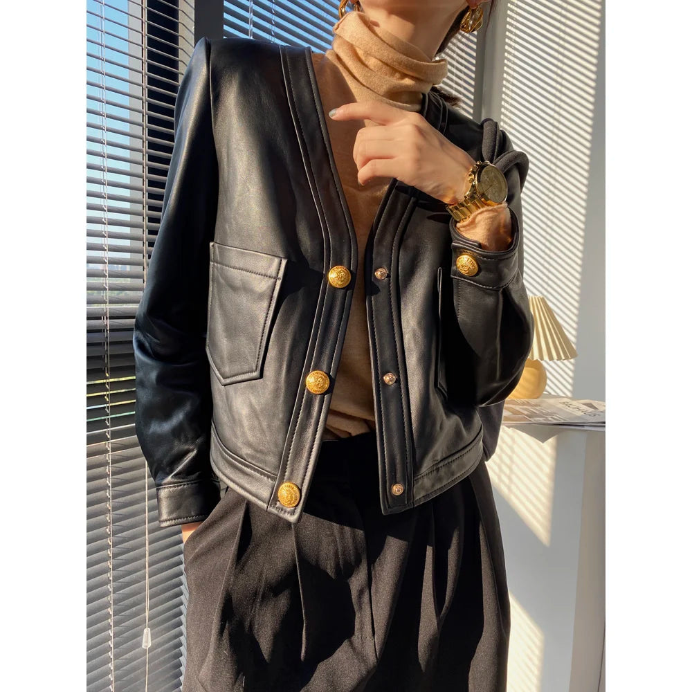 Mujer Roupas Autumn/Winter Female Genuine Leather V-Neck Big Gold Buckle Casual Pocket Short Coat Camel/Black Chic Jacket Women