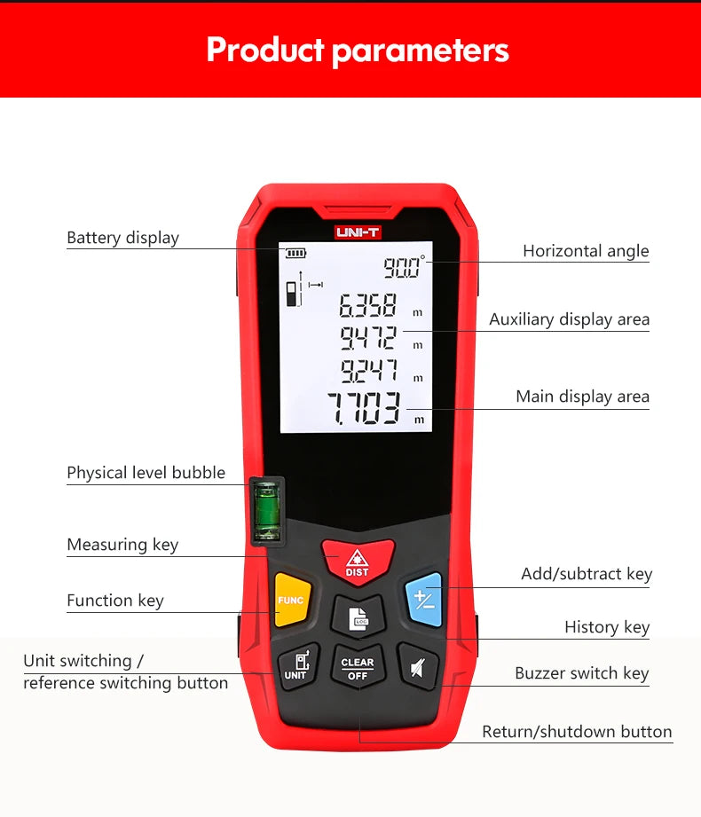 UNI-T Handheld Laser Rangefinder Distance Meter 40M 60M 80M 100M Medidor Laser Tape Build Measure Device Electronic Ruler