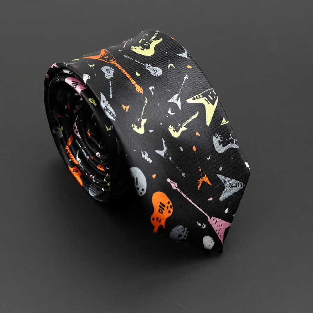 Classic Musical Notes Printed Tie Silky Narrow Neckties Slim Smooth Piano Guitar Necktie Simple Elegant Trendy Unisex Ties Gift