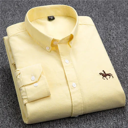 S-6XL Casual Pure Cotton Oxford Mens Shirts Long Sleeve Embroidery Horse Design Regular Fit Fashion Button Man White Dress Shirt
