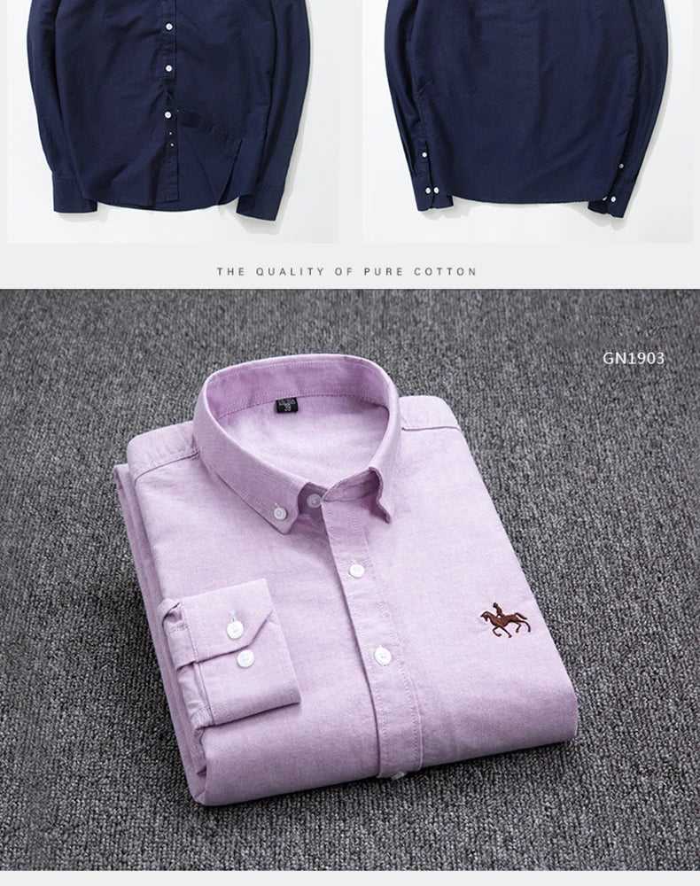 S-6XL Casual Pure Cotton Oxford Mens Shirts Long Sleeve Embroidery Horse Design Regular Fit Fashion Button Man White Dress Shirt