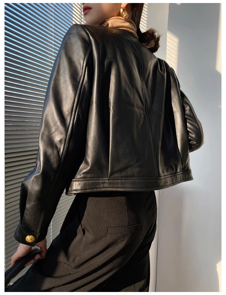 Mujer Roupas Autumn/Winter Female Genuine Leather V-Neck Big Gold Buckle Casual Pocket Short Coat Camel/Black Chic Jacket Women