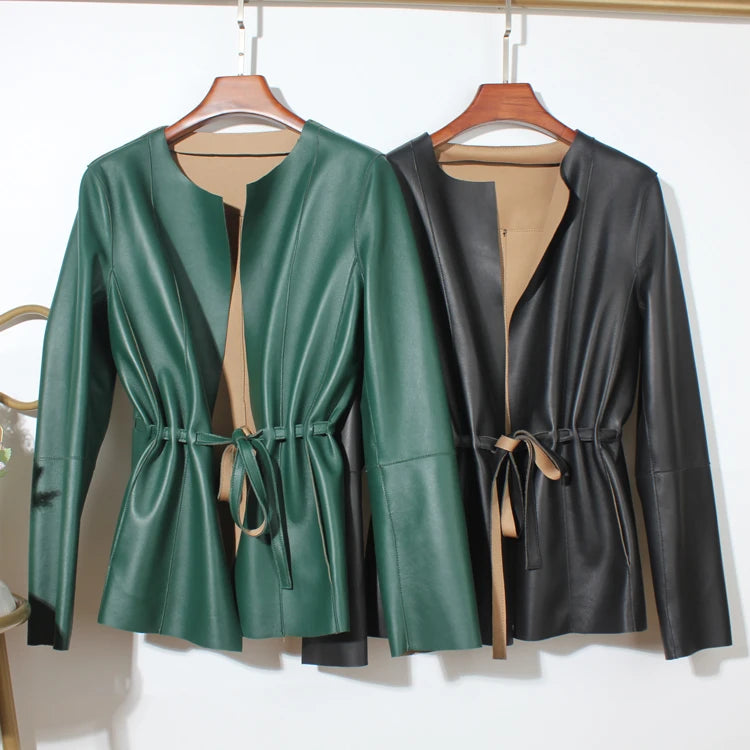 European Fashion Women Clothing Female Real Leather Jacket Mujer Draw Back Round Neck Pleated Belt Caramel Coat Veste Femme