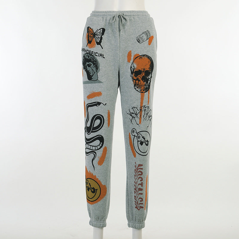Sweatpants Women Hippie Cartoon Printed Trouser Joggers for Women Drawstring Cargo Pants Streetwear Casual Sweatpant Vamos Todos