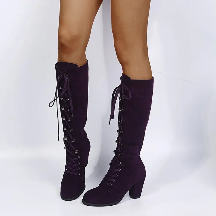 Winter Autumn Woman Knee High Boots Woman Long Boots Lace Up Fashion Woman Boots Footwear 35-43 Purple Square Heel Women Shoes