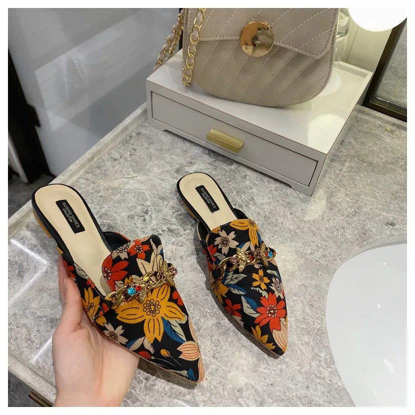 New Women Slippers Pointed Toe Rubber Metal Chains Flat Slide Footwear Fashion Casual Mule Shoes Big Size 41 42 Zapatos De Mujer