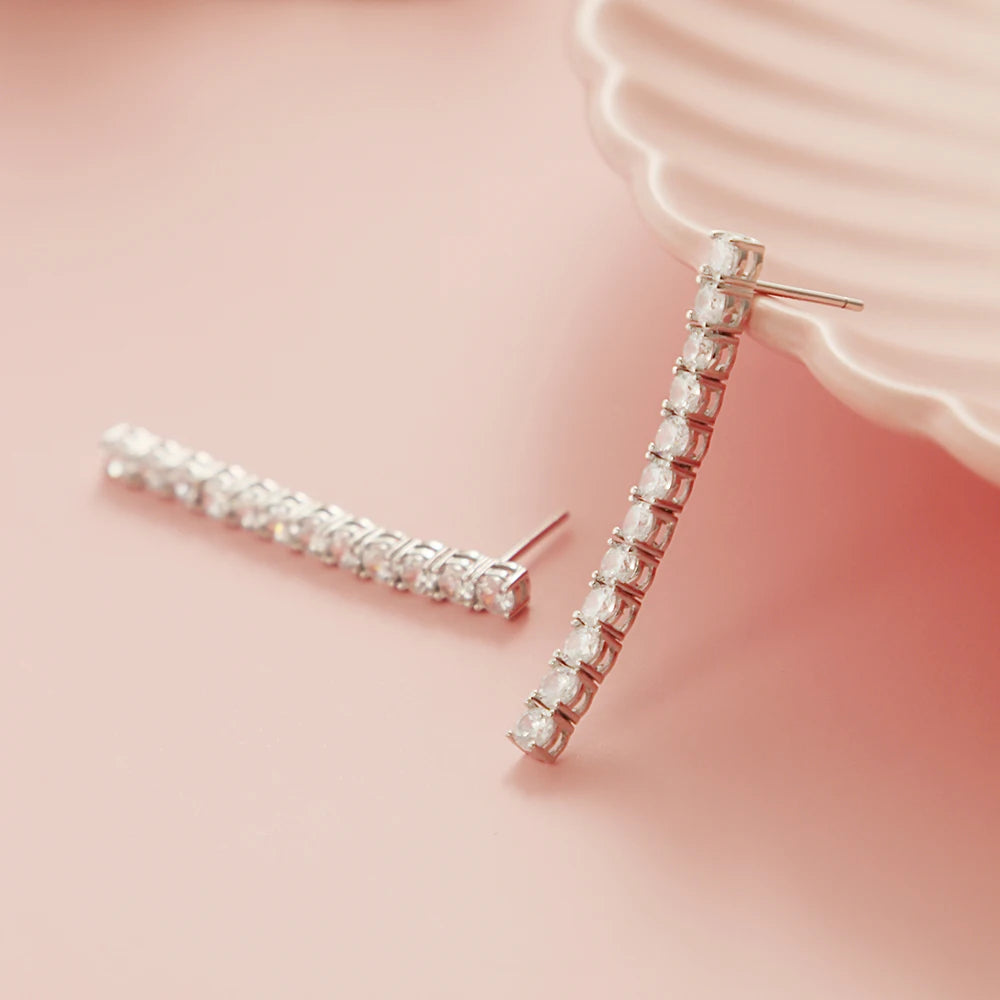 Real Sterling Silver 3mm Round Cubic Zirconia 38mm Height Dangle Design Solid 925 Metal Jewelry Tennis Earrings