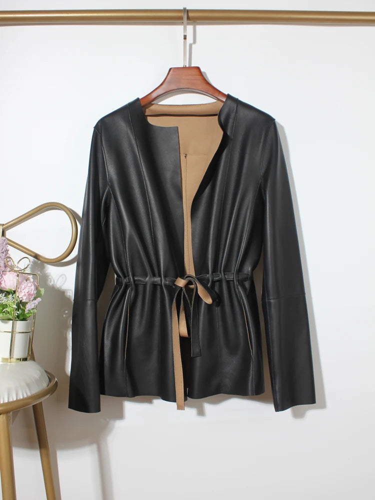 European Fashion Women Clothing Female Real Leather Jacket Mujer Draw Back Round Neck Pleated Belt Caramel Coat Veste Femme