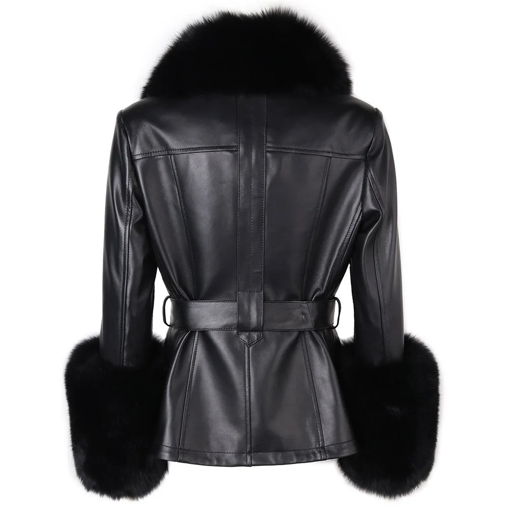 YOLOAgain Real Fox Fur Collar Genuine Leather Jacket Women