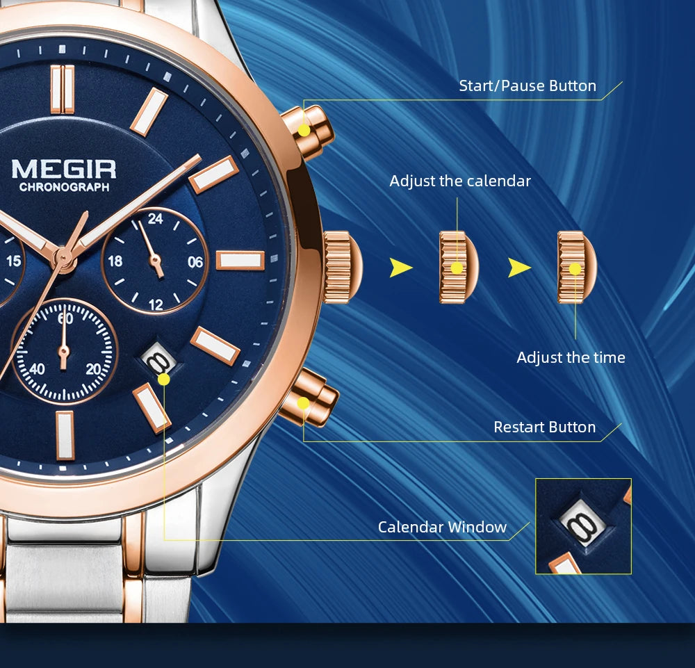 MEGIR Watches for Men 2021 New Chronograph Quartz Watch Luxury Stainless Steel Wristwatch Man Relogios Masculino часы мужские