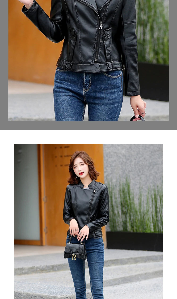 M-5XL New Women Leather Jacket Spring 2025 Fashion Solid Color Slim Short Sheepskin Coat Moto&Biker Style Tops Outerwear Female