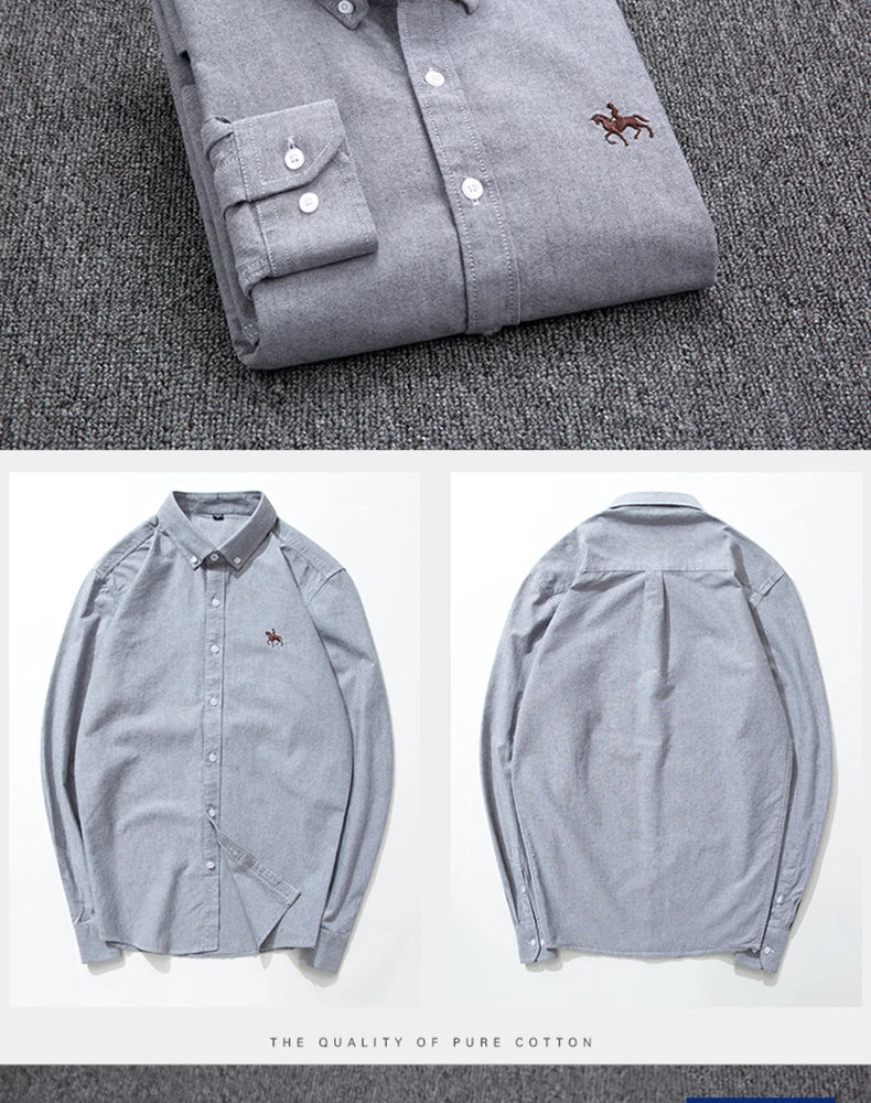 S-6XL Casual Pure Cotton Oxford Mens Shirts Long Sleeve Embroidery Horse Design Regular Fit Fashion Button Man White Dress Shirt